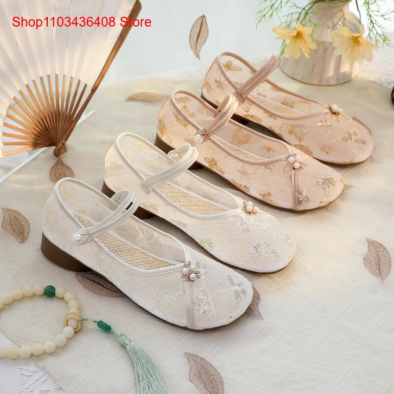 Embroidery Style - Sepatu Hak Rendah Jaring Baru dengan