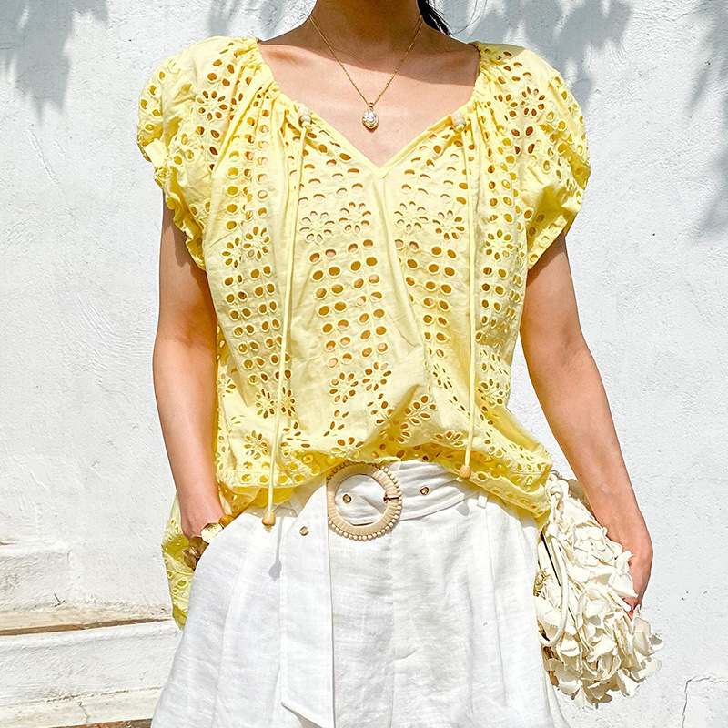 Embroidery Yellow - Kemeja Blus Chic Elegan Gaya Perancis