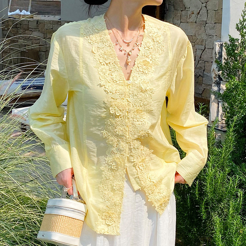 Blus Kemeja Bordir Renda Gaya  - Embroidery Yellow ulasan dan harga