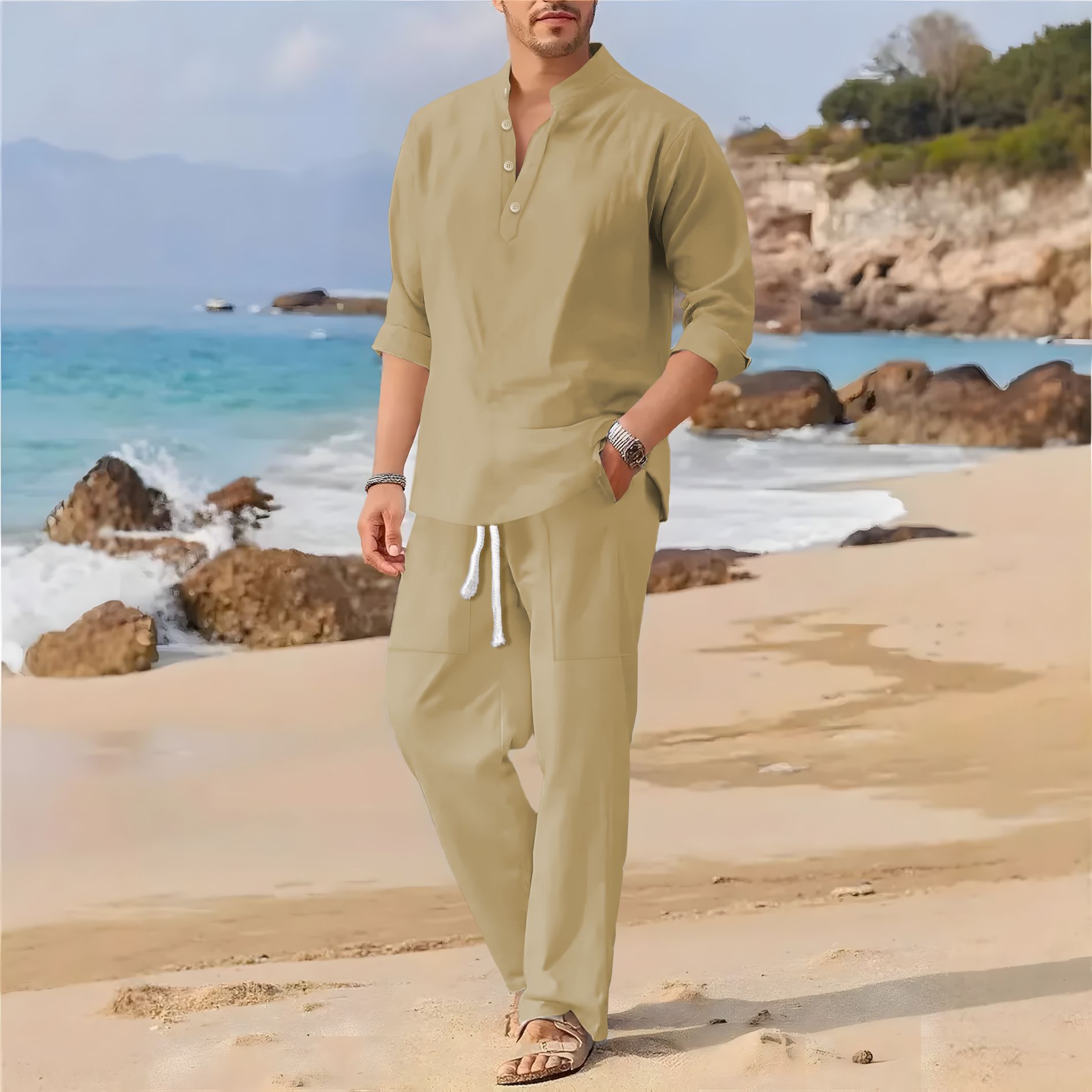 Setelan kasual pria berkerah t - Linen Fabric Natural ulasan dan harga