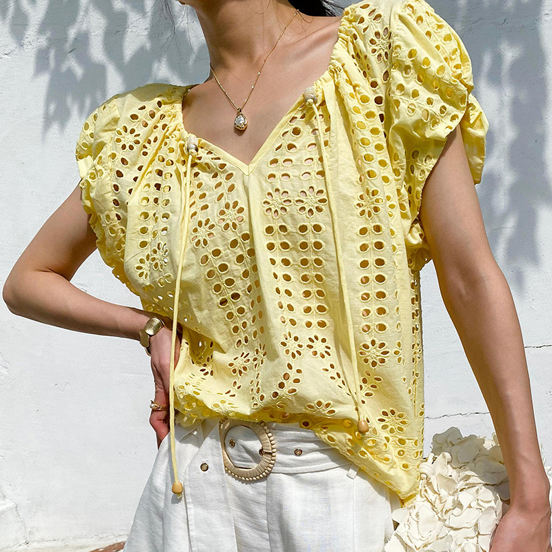Kemeja Blus Chic Elegan Gaya P - Embroidery Yellow ulasan dan harga