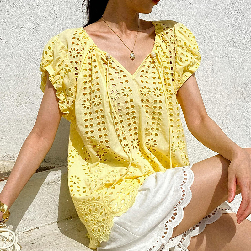 Kemeja Blus Chic Elegan Gaya P - Embroidery Yellow ulasan dan harga