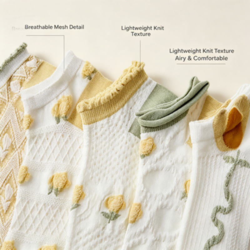 Kaus Kaki Wanita 5 Pasang deng - Embroidery Yellow ulasan dan harga